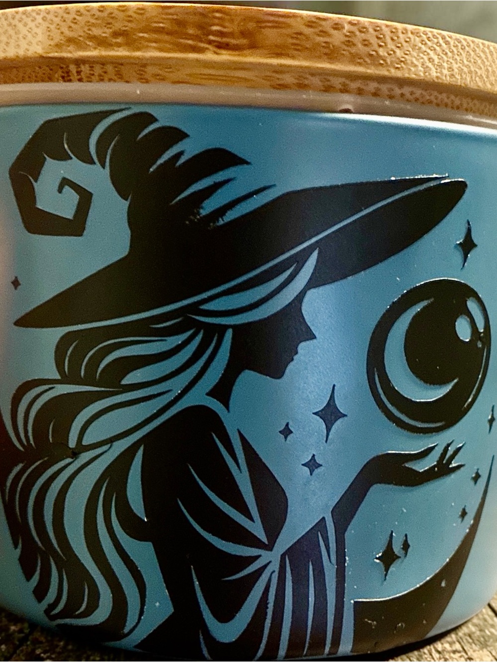 Hand Crafted 12 oz. Crystal Infused Witch Motif Candle in a Ceramic Jar with Lid